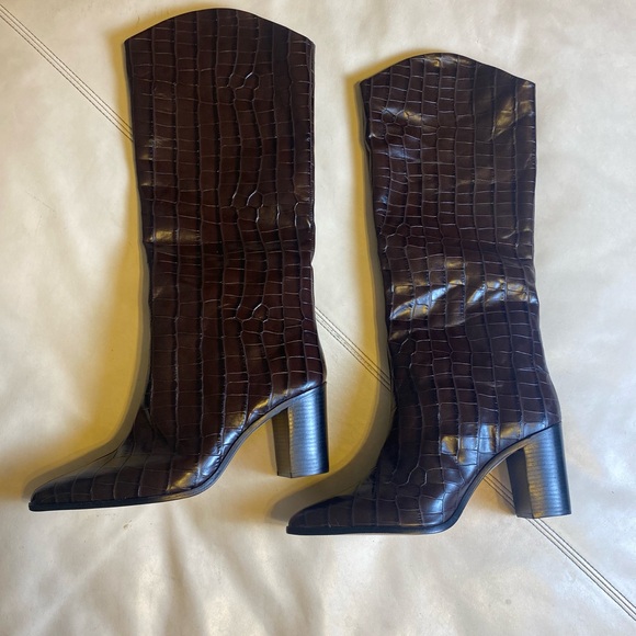 $258 SCHUTZ Maryana TALL DARK BROWN CROCODILE EMBOSSED Block Boot NEW size 11 - Picture 5 of 11